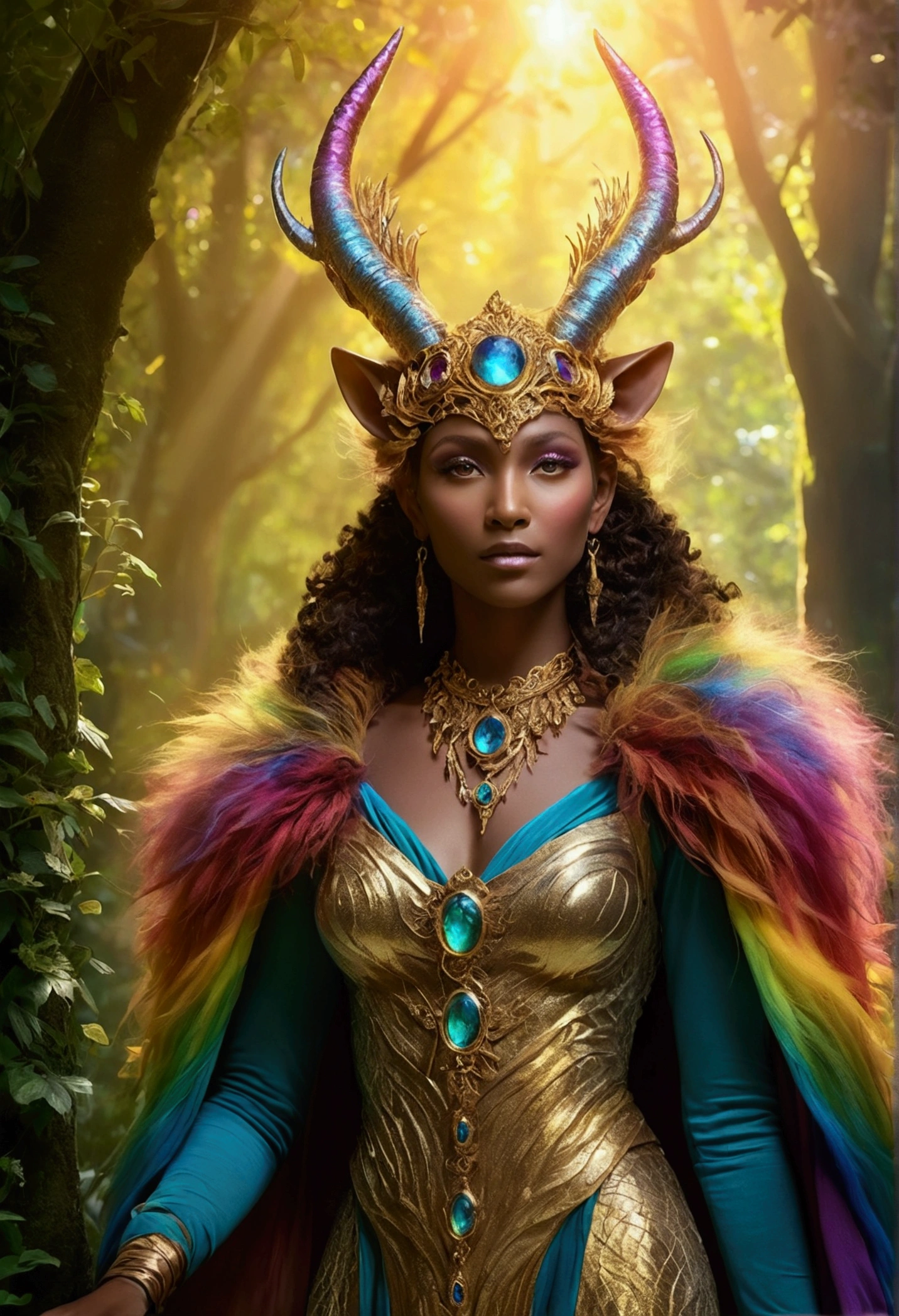 A beautiful, enchantingly elusive humanoid faunus woman, every aspect exudes magic in the midst of danger: shimmering rainbow fur, ethereal golden horn, and eyes that seem to hold the secrets of the universe. The mystical creature is surrounded by a lush, enchanted forest, bathed in the soft light of the setting sun, creating a dreamlike atmosphere that transports viewers to a realm of fantasy and wonder. This breathtaking image is a digital painting that captures the essence of the mythical creature with stunning detail and masterful technique, making it a truly mesmerizing work of art.