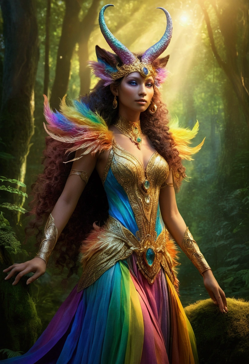 A beautiful, enchantingly elusive humanoid faunus woman, every aspect exudes magic in the midst of danger: shimmering rainbow fur, ethereal golden horn, and eyes that seem to hold the secrets of the universe. The mystical creature is surrounded by a lush, enchanted forest, bathed in the soft light of the setting sun, creating a dreamlike atmosphere that transports viewers to a realm of fantasy and wonder. This breathtaking image is a digital painting that captures the essence of the mythical creature with stunning detail and masterful technique, making it a truly mesmerizing work of art.