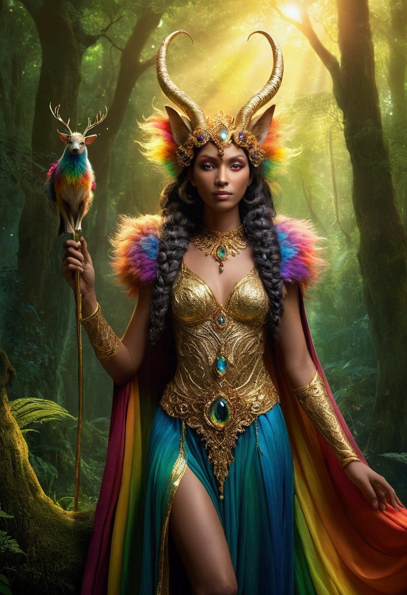 A beautiful, enchantingly elusive humanoid faunus woman, every aspect exudes magic in the midst of danger: shimmering rainbow fur, ethereal golden horn, and eyes that seem to hold the secrets of the universe. The mystical creature is surrounded by a lush, enchanted forest, bathed in the soft light of the setting sun, creating a dreamlike atmosphere that transports viewers to a realm of fantasy and wonder. This breathtaking image is a digital painting that captures the essence of the mythical creature with stunning detail and masterful technique, making it a truly mesmerizing work of art.