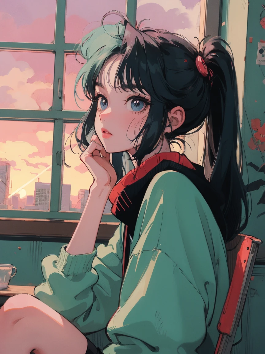 anime girl sitting on floor looking out window at city, anime aesthetic, anime vibes, Lofi Artstyle, Lo-fi portrait by the window, Watching the sunset. anime, Lofty Girl, anime art wallpaper 4 k, anime art wallpaper 4k, anime art wallpaper 8 k, anime background art, Lofi Color, Lofi Art, anime asthetic, Twin tails