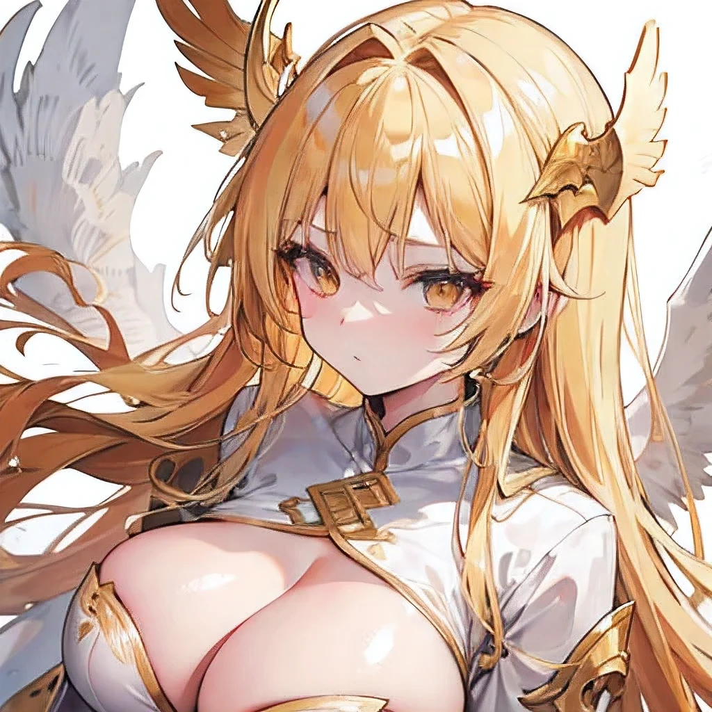 Golden hair, long hair, golden eyes,Cute face, G_CUP(HUGE_BREASTS), white hood , golden Dragon horn, golden dragon wings