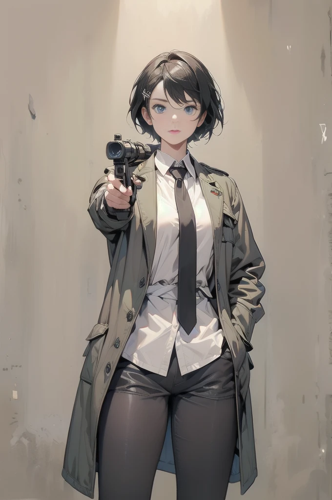 One girl, Chinon 1, scarf, Fingerless gloves, Long sleeve, Short black shorts, hair ornaments, Hair Clip, Green thighs, Green jacket, Thigh straps, number de cowboy, Holding a gun, sniper rifle, Remains, Sitting, (Sword Art Online), range, Using a sniper, holding the sniper rifle, olhando no range, looking into the sniper rifle scope, number, High resolution, Urban, roof, Collapsed building, war, Catastrophe, disaster, Graves, cold, Bright Eyes, Superpoder, concentrated, concentrated, Cabello Kurt Azul, blue eyes, Ultra-realistic hands, With black gloves, Proportional Body