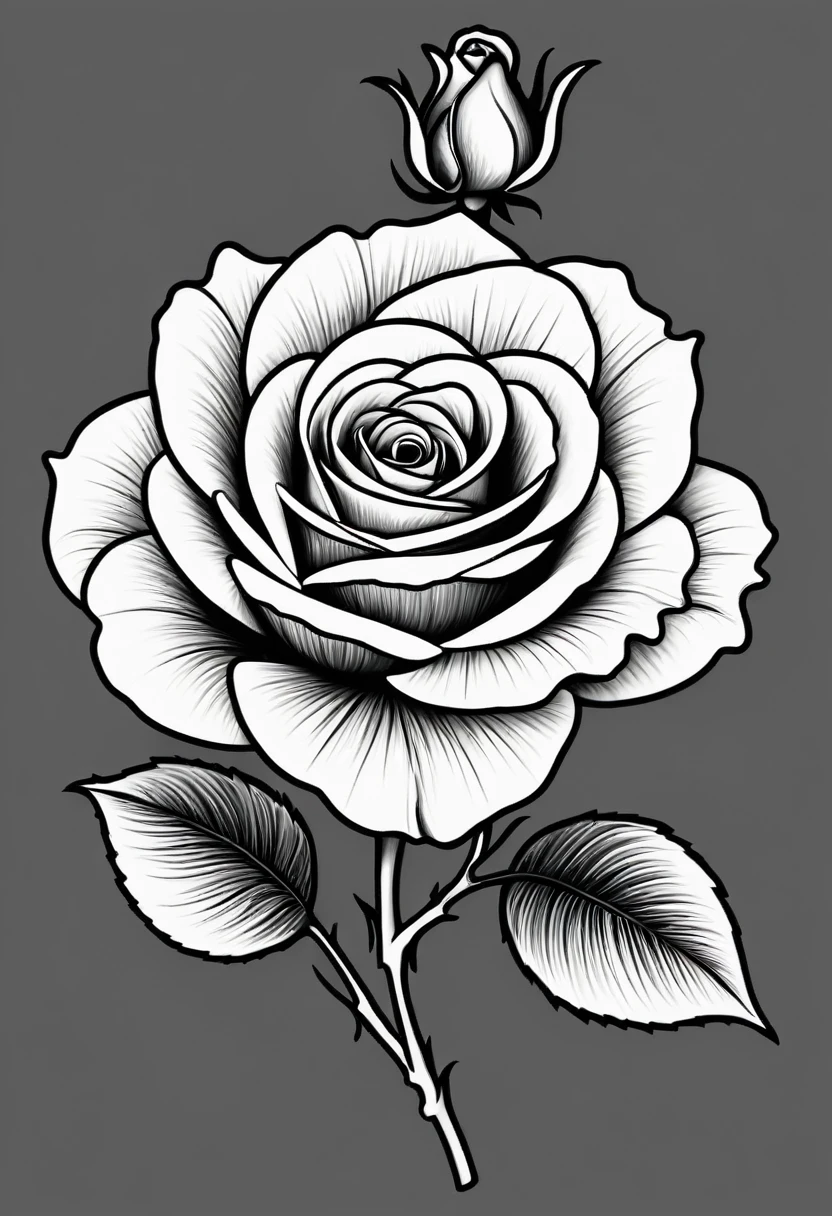Line drawing of black and white rose tattoo template without background.