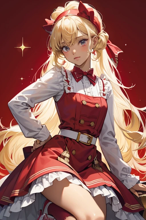 Dot is a dark-skinned girl with bright pink cheeks and gold blonde hair styled in chin-length curls and wavy bangs. She wears a scarlet red headband with a bow on the right side of her head. Dot wears a pastel blue and scarlet red dress with a small ribbon belt around her waist, a white collar, four scarlet red buttons, and scarlet red lining. She also wears white socks with red at the top and carnation pink high-cut sneakers with scarlet red shoelaces. SPARKLE; GLITTER
