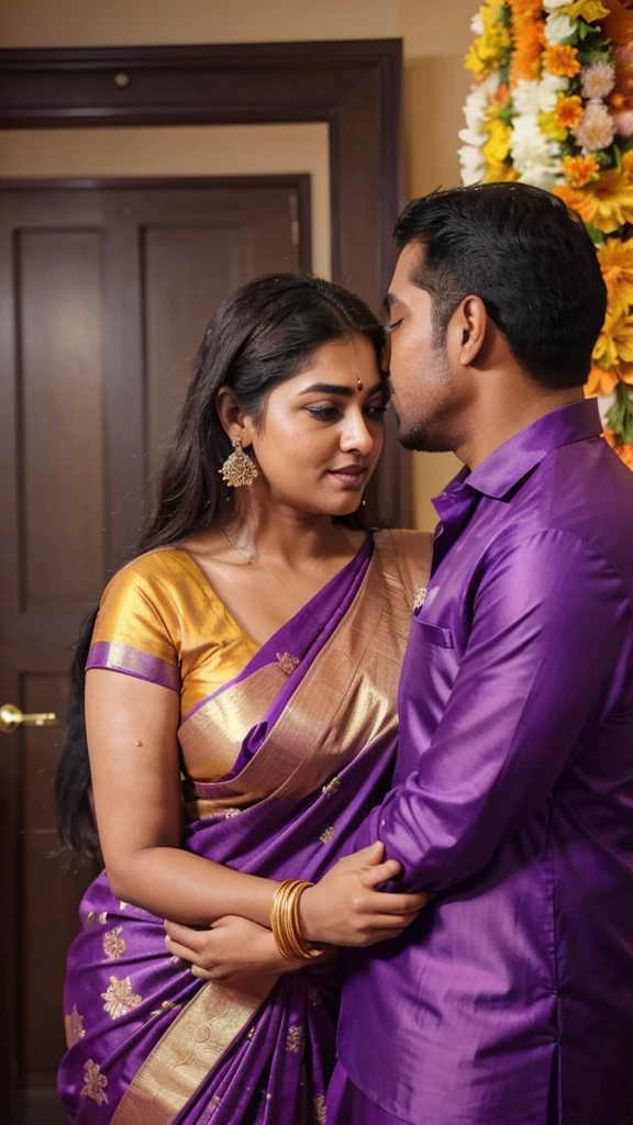 a  50-year-old shirtless man  affectionately hugging and kissing aradiant, full-figured South Indian plus-sized 30 year old teacher wearing a violet silky saree in  dressing room, captured in a full-body image with vibrant hues and meticulous details. Full body image