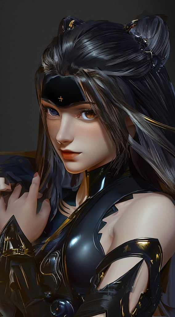 Create a realistic image of Zhu Zhuqing from "Soul Land" at 16 years old. She should have long, straight, and shiny black hair, typically worn loose. Her eyes are a distinctive amber gold, large and expressive, with a penetrating gaze. She has clear, fair skin, and a tall, slender, and athletic build. She is very beautiful and voluptuous. Zhu Zhuqing is wearing her characteristic dark combat attire. This outfit consists of a tight-fitting, practical ensemble designed for agility and dexterity, primarily in black or dark purple. The material should appear lightweight yet durable, with multiple belts and straps to secure her gear and weapons. Ensure the attire accentuates her figure while maintaining a sleek and stealthy appearance suitable for combat. Include a black or dark purple headband or ribbon to keep her hair in place. The setting can be a dark, shadowy environment to match her stealthy nature, with subtle lighting to highlight her features and attire. Capture her reserved and determined personality through her expression and posture, reflecting her strength, agility, and inner resolve.