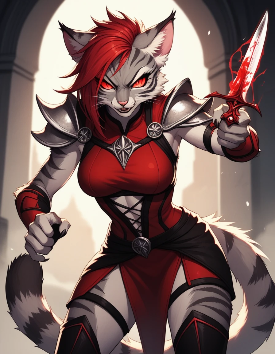 score_9,score_8_up,score_7_up, kemono style, Kat, Anthro furry feline, silver fur, grey stripes on body, glowing red eyes, long red hair, undercut hair, pink nose, :3, she is dressed as Skarlet from Mortal Kombat, cosplaying Skarlet from mortal mom at, evil pose, grinning, using blood magic, epic dynamic action pose, holding an evil dagger