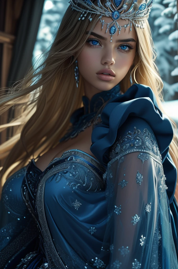  Adriana Lima, ultra detailed face, ultra detailed blue eyes, long blonde hair, (dress), tiara, winter, (((masterpiece)))