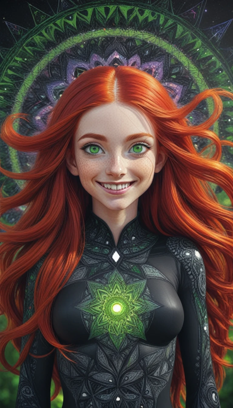 1girl,(long hair, bright red hair,green eyes, smile, black costume),(zentangle, mandala, tangle, entangle:0.6),(fractal art),the most beautiful form of chaos,brutalist designed,hting,sharp focus,physically-based rendering,extreme detail description,professional,vivid colors,bokeh,glow effects,godrays,Hand drawn,render,8k,octane render,cinema 4d,blender,dark,atmospheric 8k ultra detailed,cinematic,Sharp focus,big depth of field,Masterpiece,3d octane render,8k,concept art,trending on artstation,hyperrealistic,extremely detailed CG unity 8k wallpaper,trending on CGSociety,Intricate,High Detail,