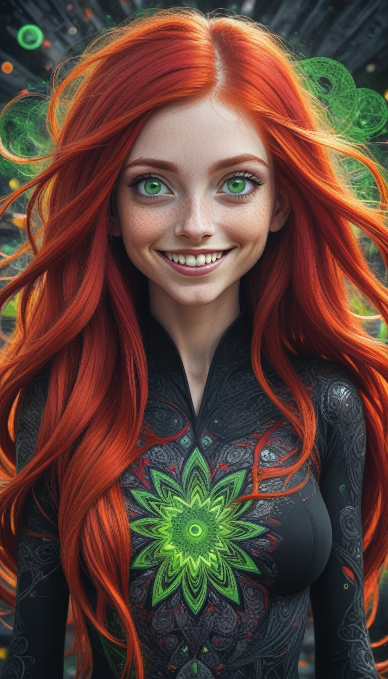 1girl,(long hair, bright red hair,green eyes, smile, black costume),(zentangle, mandala, tangle, entangle:0.6),(fractal art),the most beautiful form of chaos,brutalist designed,hting,sharp focus,physically-based rendering,extreme detail description,professional,vivid colors,bokeh,glow effects,godrays,Hand drawn,render,8k,octane render,cinema 4d,blender,dark,atmospheric 8k ultra detailed,cinematic,Sharp focus,big depth of field,Masterpiece,3d octane render,8k,concept art,trending on artstation,hyperrealistic,extremely detailed CG unity 8k wallpaper,trending on CGSociety,Intricate,High Detail,