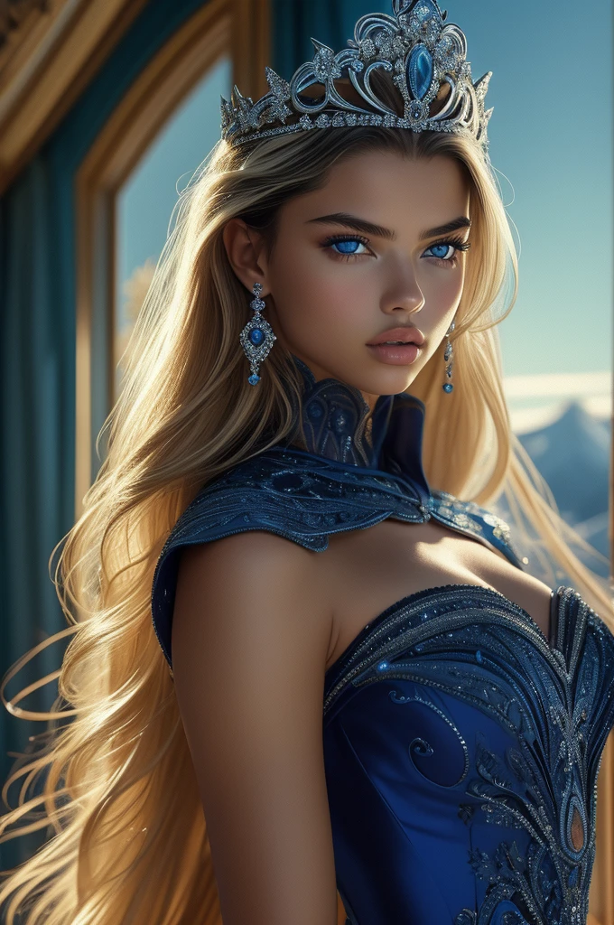16 year old Adriana Lima, ultra detailed face, ultra detailed blue eyes, long blonde hair, (dress), tiara, winter, (((masterpiece)))