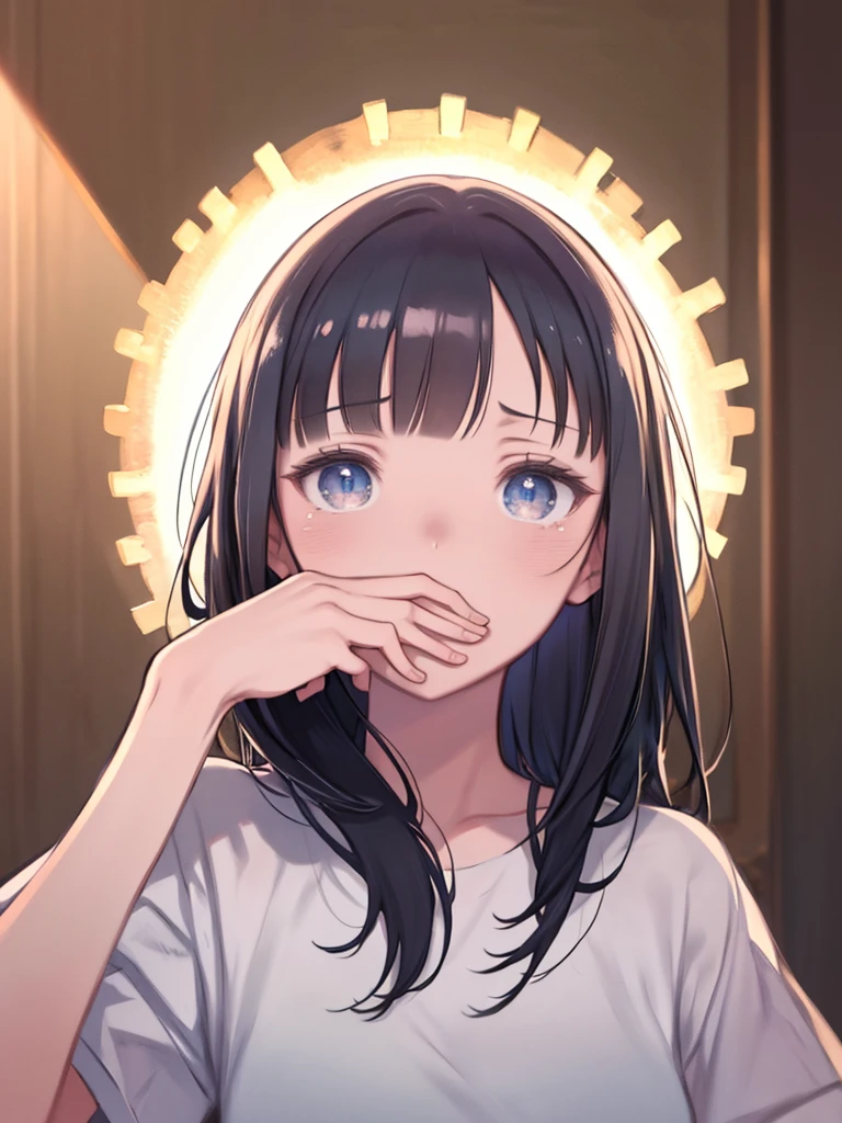Anime girl with black hair and blue eyes covers her face、(masterpiece:1.3), (Highest quality:1.2), (figure:1.2), (Super detailed:1.2), (Pixiv:1.4), 超High resolution, watercolor, Inside the gymnasium, Girl with medium length black hair, Blunt bangs, Brown eyes, Wearing a white T-shirt and jersey, The girl is crying and covering her mouth with her hands, Portrait Shot,Super detailed, High resolution, Highly detailed CG Unity 8k wallpaper, CG,masterpiece, (((Highest quality))), ((Super detailed)), (Perfect Anatomy:1.4),(Beautiful Eyes:1.4), 超High resolution, watercolor, (masterpiece, Highest quality), Portrait Shot,Super detailed, High resolution, Highly detailed CG Unity 8k wallpaper, CG,masterpiece, (((Highest quality))), ((Super detailed)), (Perfect Anatomy:1.4),(Beautiful Eyes:1.4), 超High resolution, watercolor, (masterpiece, Highest quality),