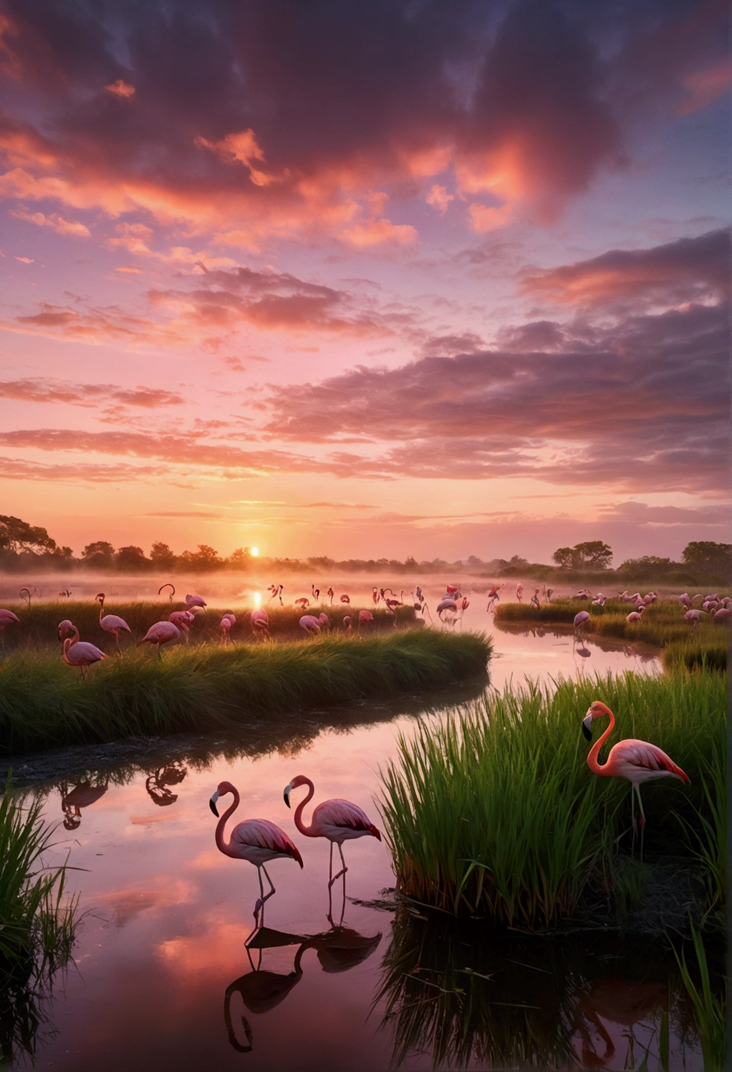 detailed landscape, marsh, pink flamingos, vibrant colors, reflections, sunset, mist, serene atmosphere, cinematic lighting, photorealistic, (best quality,4k,8k,highres,masterpiece:1.2),ultra-detailed,(realistic,photorealistic,photo-realistic:1.37),landscape photography,dramatic sky,warm tones,soft focus,lush vegetation,tranquil water