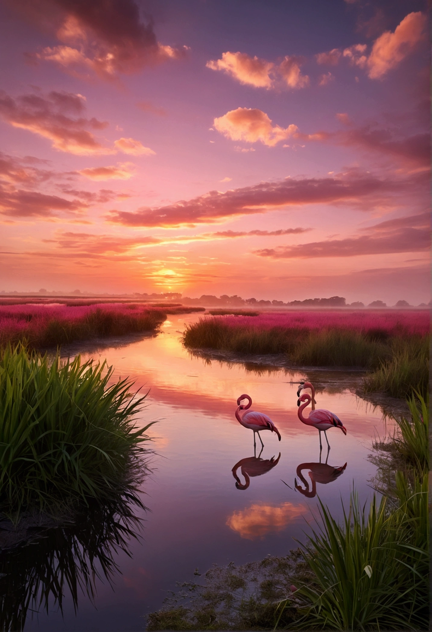 detailed landscape, marsh, pink flamingos, vibrant colors, reflections, sunset, mist, serene atmosphere, cinematic lighting, photorealistic, (best quality,4k,8k,highres,masterpiece:1.2),ultra-detailed,(realistic,photorealistic,photo-realistic:1.37),landscape photography,dramatic sky,warm tones,soft focus,lush vegetation,tranquil water