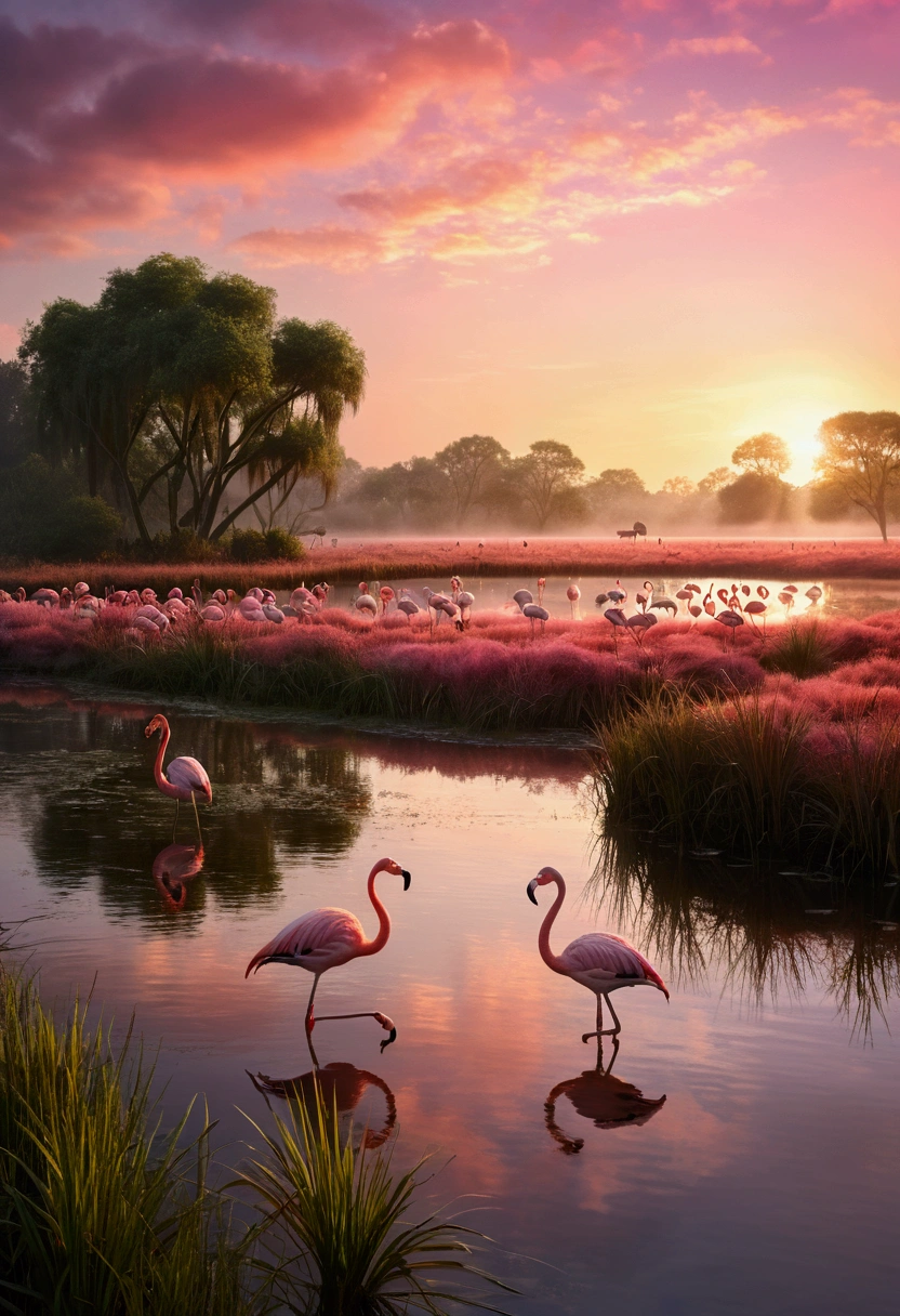 detailed landscape, marsh, pink flamingos, vibrant colors, reflections, sunset, mist, serene atmosphere, cinematic lighting, photorealistic, (best quality,4k,8k,highres,masterpiece:1.2),ultra-detailed,(realistic,photorealistic,photo-realistic:1.37),landscape photography,dramatic sky,warm tones,soft focus,lush vegetation,tranquil water