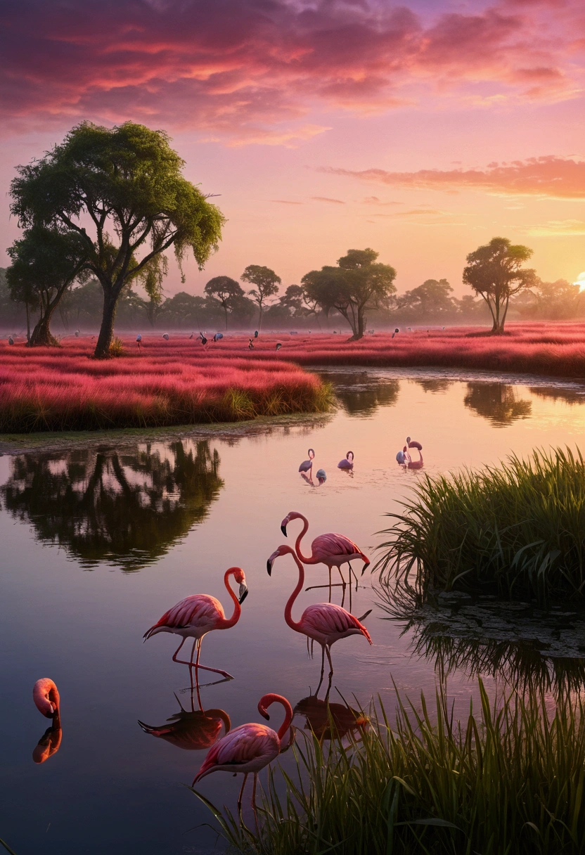 detailed landscape, marsh, pink flamingos, vibrant colors, reflections, sunset, mist, serene atmosphere, cinematic lighting, photorealistic, (best quality,4k,8k,highres,masterpiece:1.2),ultra-detailed,(realistic,photorealistic,photo-realistic:1.37),landscape photography,dramatic sky,warm tones,soft focus,lush vegetation,tranquil water