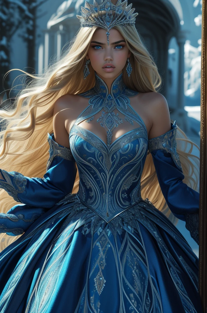 16 year old Adriana Lima, ultra detailed face, ultra detailed blue eyes, long blonde hair, (dress), tiara, winter, (((masterpiece)))