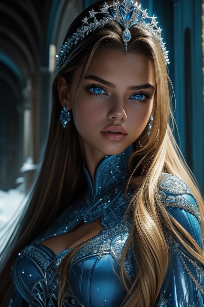 16 year old Adriana Lima, ultra detailed face, ultra detailed blue eyes, long blonde hair, (dress), tiara, winter, (((masterpiece)))