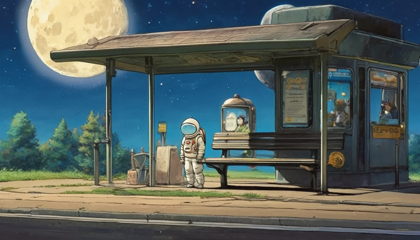 Cute spaceman waiting at moon bus stop, Hayao Miyazaki style, Studio Ghibli style, masterpiece,