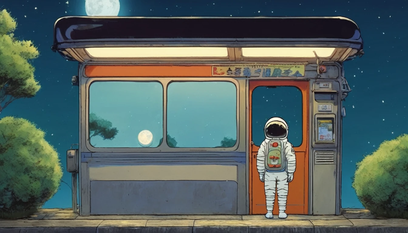 Cute spaceman waiting at moon bus stop, Hayao Miyazaki style, Studio Ghibli style, masterpiece,