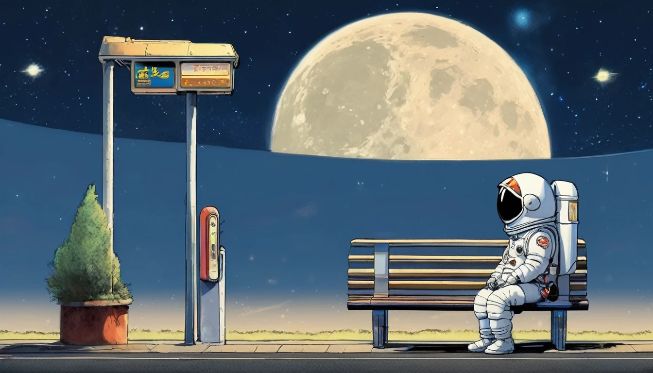 Cute spaceman waiting at moon bus stop, Hayao Miyazaki style, Studio Ghibli style, masterpiece,