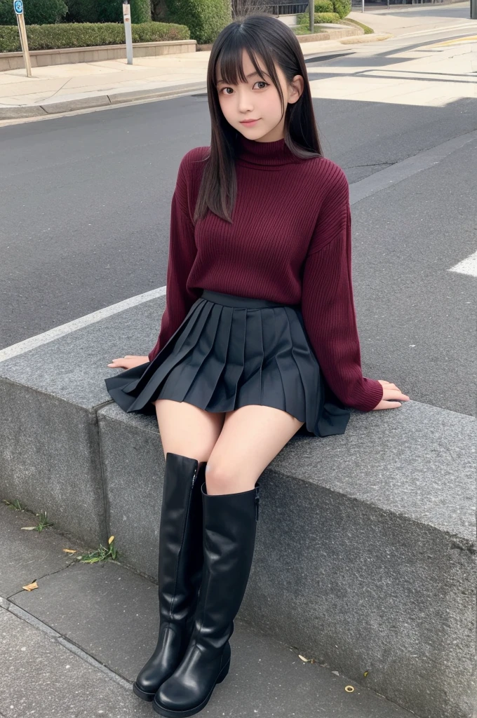 15 years old Japanese girl Check Pleated Skirt Tar neck sweater Knee-high boots