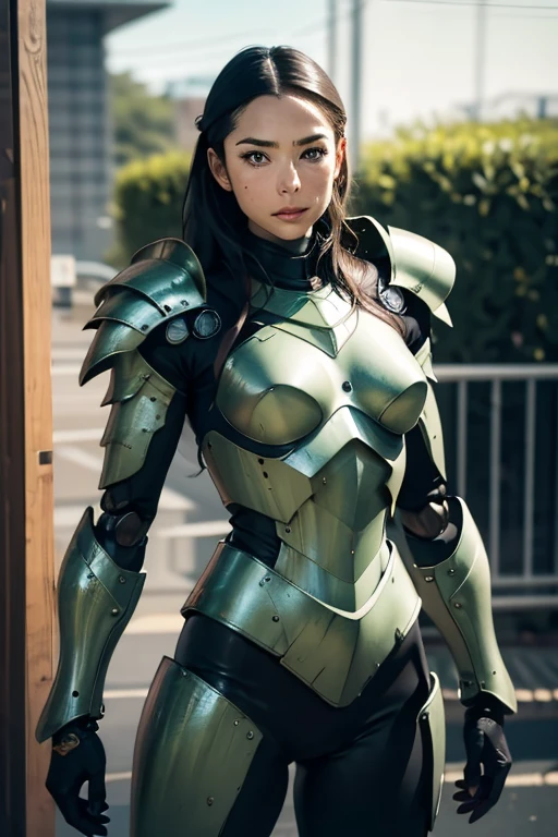 8k,Realistic skin texture、Superrealism、Realistic photos、Near future軍所属の日系女性パイロットが大型ロボットの腹部に設置されたコックピットに乗っている、Damaged moss green combat armored robot、Skull mark on armor、Near future、Unit Paint and Identification Number、Peeling paint、oil stains、Detailed Description、Dynamic pose、Armored Core