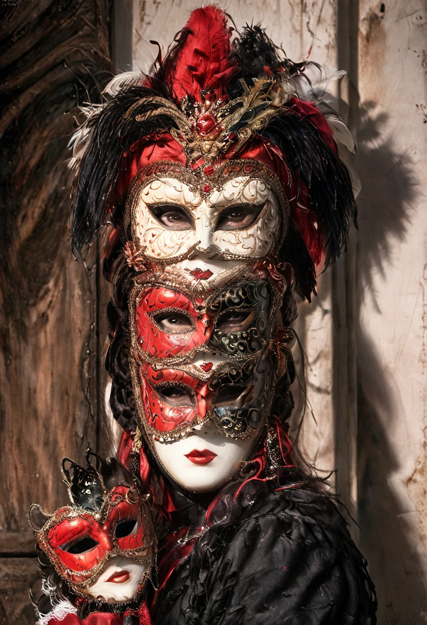 a woman posing for a photo with half a venetian mask , drama, in the style of David Lynch, dramatic, Modern, vintage,  --c 51