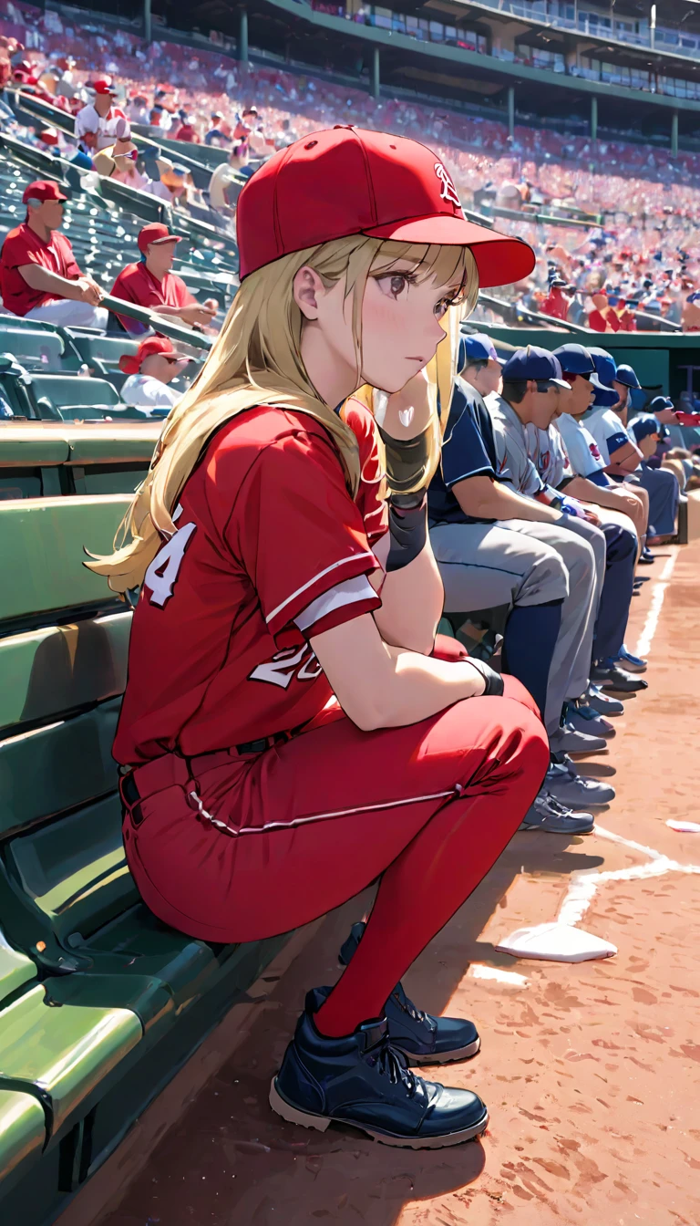 RAWphotograph、Highest quality、ultra High resolution、High resolution、masterpiece:1.3、Seats filled with spectators、Large crowd、A woman sitting on a bench at an MLB baseball stadium, A trout is sticking out of his pants, looking sad, sad look, Sit comfortably in a chair, Sitting in a chair, 流出したphotograph, photograph提供: AP, sad!, Female Baseball Players, Kneel!!, Wearing a red rear-facing hat, メディアphotograph, photograph, photograph&quot;, Lindsey Look, Red)、Gloves, 左利き用Gloves, Ball girl&#39;s fine play、The crowd erupts in excitement at the incredible play on a foul ball！！、Fine play from the supporting cast、pretty girl、major league baseball、An excited audience