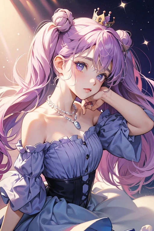 Ocean is a fair-skinned girl with basic black button eyes and very pale pink cheeks. Her hair is a slightly bright light purple shade with plain bangs and two big curled locks in the center. She has three translucent buns on the top of her head and two bubbled pigtails on the bottom. She wears a pearl crown, and her outfit consists of a violet top with a shell that has a star in the center attached to a pearled necklace. The arm sleeves are also purple, while her tail fin is pink with blue that splits at the top. SPARKLE; GLITTER