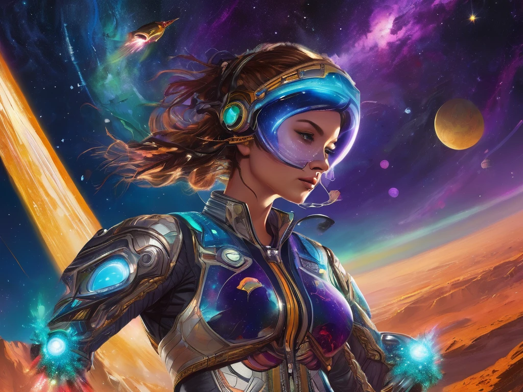 Riding the fiery tail of a comet in the vast expanse of space, the Intergaláctic cowgirl is depicted with colorful and intricate detail. Her space suit gleams with metallic sheen, adorned with futuristic embellishments and glowing neon accents. The atmosphere is filled with cosmic dust and stars twinkling in the background, creating a dynamic and surreal scene. This captivating image, rendered with expert precision and vibrant colors, brings the adrenaline-fueled adventure of a spacefaring cowgirl to life in stunning detail.