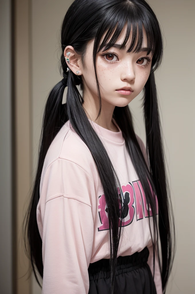 アニメ, girl with straight black hair tied in a long side ponytail. has a.straight bangs and a loose side strand.
has very pale skin, freckles on the face and pink eyes.
Has ear piercings Boku no hero trait