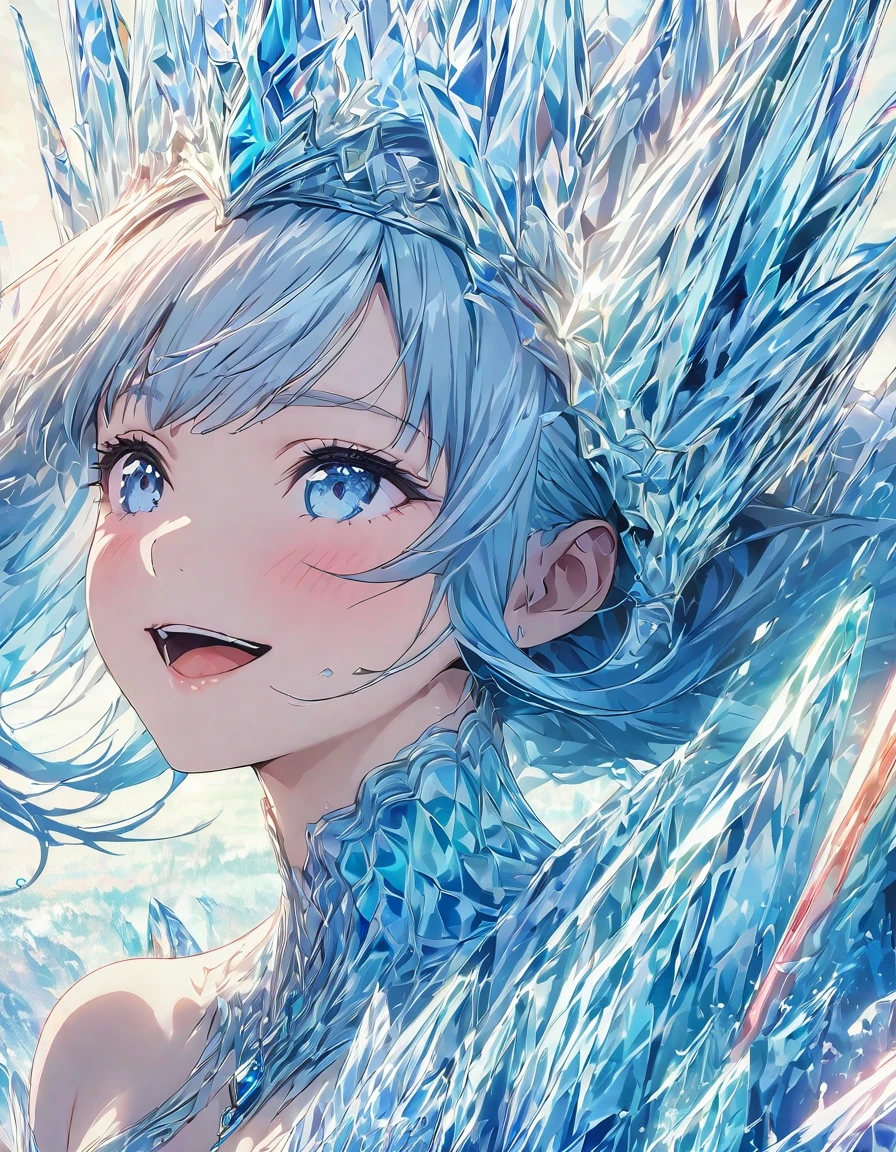 masterpiece, best quality, movie still, 1girl, floating in the sky, ice queen girl, ice, (close-up:1.1), bright, happy, fun, soft lighting, (Bauhaus, shapes, lines, abstract:1.1)
