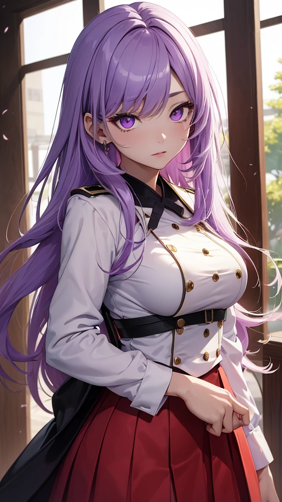 (((Masterpiece))), (((high resolution))), (((8k))), (((Perfect face))), (((korean idol))), 21 years, (Red skirt), (fitted blouse), (big breasts), Look at the camera, ((top quality eyes)), high quality face, Detailed texture, 
Detailed image of a 21-year-old girl with a katana featuring green, purple, and lilac tones on the scabbard, long white hair, wearing the Hashira uniform from Demon Slayer, with purple eyes that have lilac tones.
