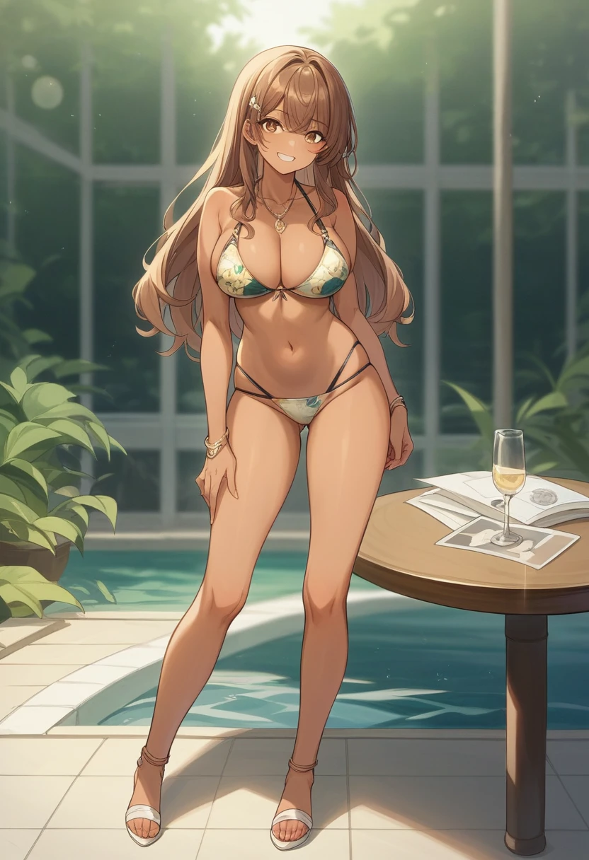 ((highest quality、full body, legs showing, table top、a bikini woman、best image quality))、(1 photo:1.2)、standing on the pool side、bracelet、necklace、hair ornaments, colorful decorative bikini、flashy decoration、black microbikini、floral bikini、bikini ornament、big ruffle bikini、patterned bikini、upper body photo、Slender and big breasts、golden hair、brown hair、very beautiful clear sea、sunlight、Lens flare、tanned skin、smile、(((standing:1.3)))、big breasts