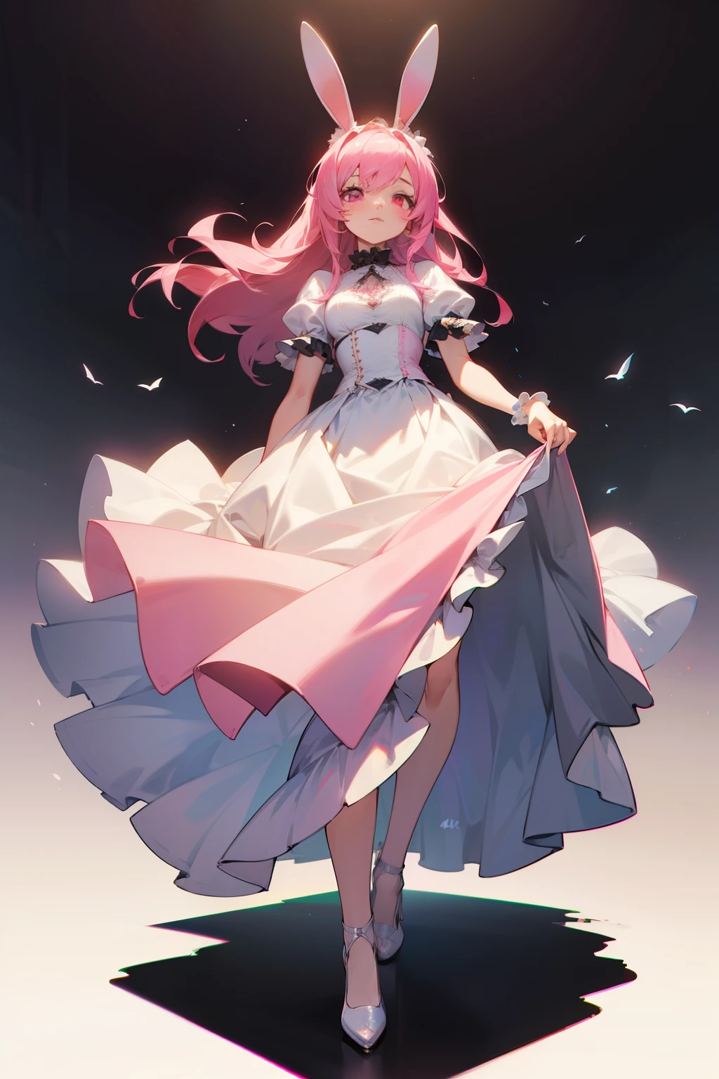 anime girl, pink eyes, pink hair, white bunny ears, long dress, frills, heels, Gothic art, high details, high quality, 4K, HD, masterpiece, anatomically correct