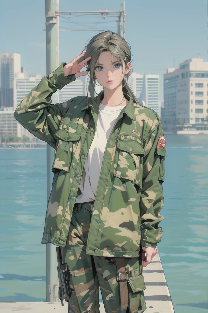 One girl, Chinon 1, scarf, Fingerless gloves, Long sleeve, Short black shorts, hair ornaments, Hair Clip, Green thighs, Green jacket, Thigh straps, number de cowboy, Holding a gun, sniper rifle, Remains, Sitting, (Sword Art Online), range, Using a sniper, holding the sniper rifle, olhando no range, looking into the sniper rifle scope, number, High resolution, Urban, roof, Collapsed building, war, Catastrophe, disaster, Graves, cold, Bright Eyes, Superpoder, concentrated, concentrated, Cabello Kurt Azul, blue eyes, Ultra-realistic hands, With black gloves, Proportional Body