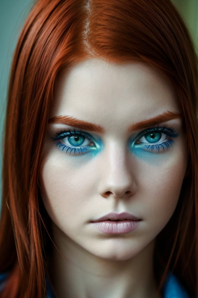 Redhead girl dark eyebrows green eyes with blue look serious and distrustful