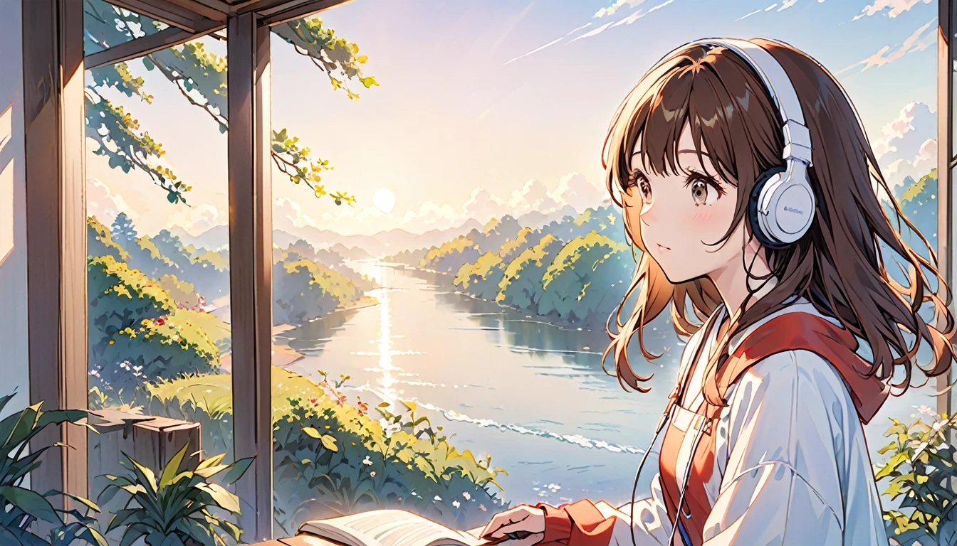 Girl wearing headphones,Brown Hair,1 person,bright,「Gentle morning light」