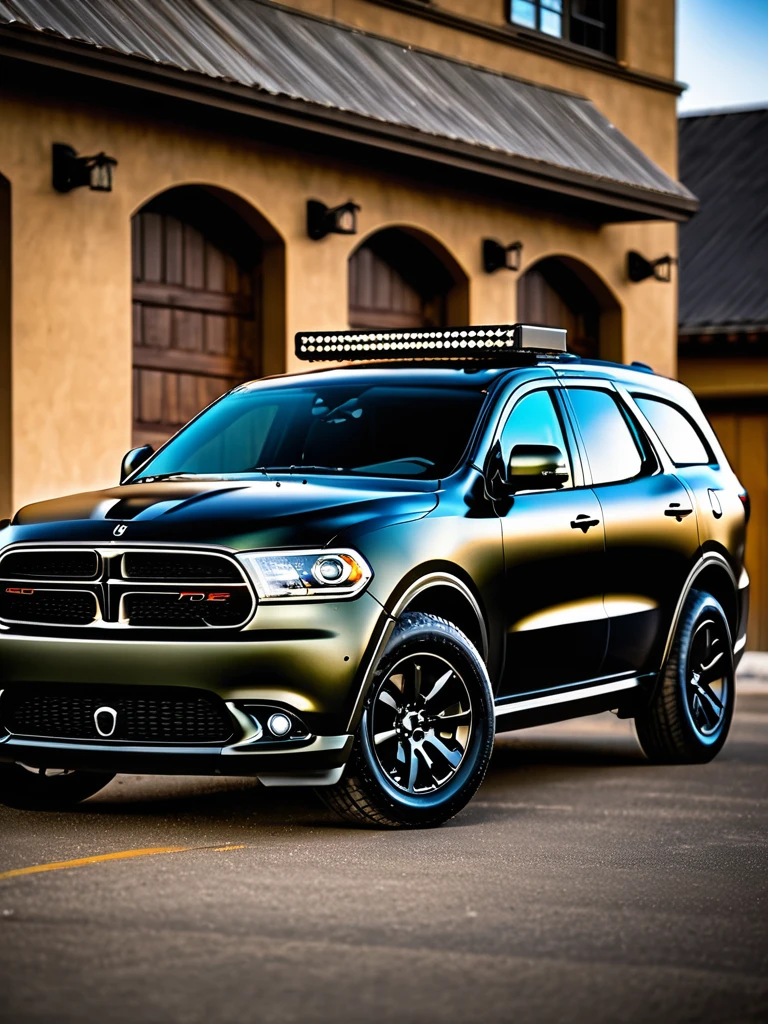 military dodge durango with military shiel painted in the door, electric black hiperreal photo, complet and total lateral view, Professional photography, bokeh, natural lighting, canon lens, shot on dslr 64 megapixels sharp focus , complet lateral hiperreal photo view of the dodge durango