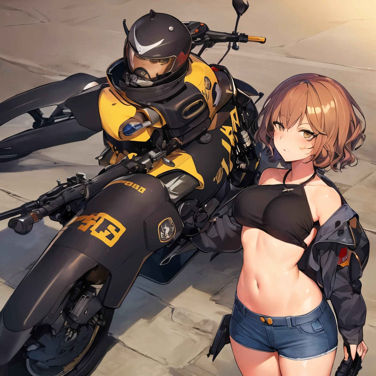 Cartoon of a woman riding a motorcycle with a large tank on the back, Mechanized Valkyrie Girl, bikini + Tattered military equipment, Mechanized Soldier Girl, Kashert Kenz, Inspired by Shiro Masamune, Anime Art Vehicle Concept Art, By Akihiko Yoshida, top rated on Pixiv, trending on Pixiv, Pixiv,Cartoon of a woman riding a motorcycle with a large tank on the back, Concept art inspired by Masamune Shirow, Topics on pixiv, Self-sastructing art, Mechanized Valkyrie Girl, bikini + Tattered military equipment,(Denim hot pants:1.3), Mechanized Soldier Girl, Kashert Kenz, Anime Art Vehicle Concept Art, Top rated on pixiv, Dieselpunk Art Style,(Shiny amber hair:1.6), (Wavy Short Hair:1.6), (Brown beautiful girl), (Healthy dark skin), (Sunburn mark), clavicle