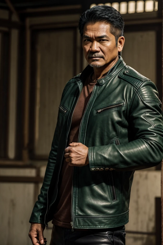 make character of my action film and his name is " Jim ". This man is filipino in age of 53, but look like 30 years old and attractive because of nose and eyebrow. Wearing leather jacket color dark green and holding pistol. The facial expression of this man is normal, not smiling, not sad.