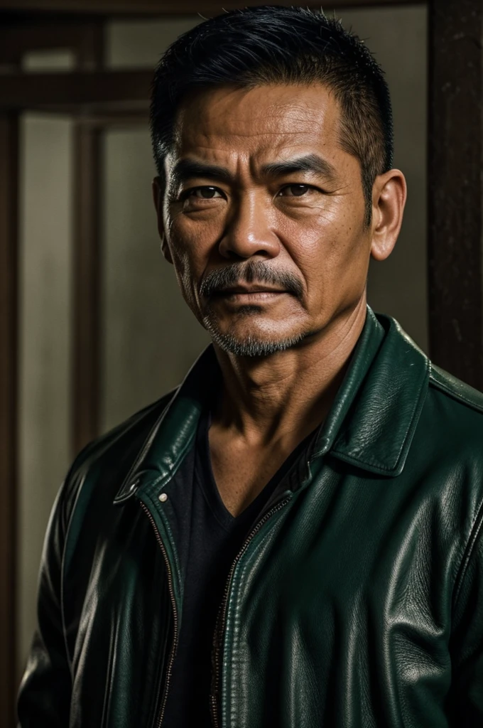 make character of my action film and his name is " Jim ". This man is filipino in age of 53, but look like 30 years old and attractive because of nose and eyebrow. Wearing leather jacket color dark green and holding pistol. The facial expression of this man is normal, not smiling, not sad. 