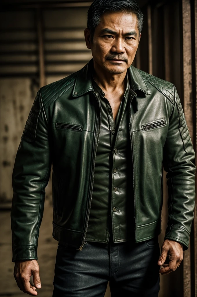 make character of my action film and his name is " Jim ". This man is filipino in age of 53, but look like 30 years old and attractive because of nose and eyebrow. Wearing leather jacket color dark green and holding pistol. The facial expression of this man is normal, not smiling, not sad.