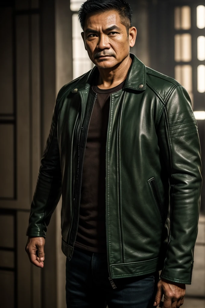 make character of my action film and his name is " Jim ". This man is filipino in age of 53, but look like 30 years old and attractive because of nose and eyebrow. Wearing leather jacket color dark green and holding pistol. The facial expression of this man is normal, not smiling, not sad.