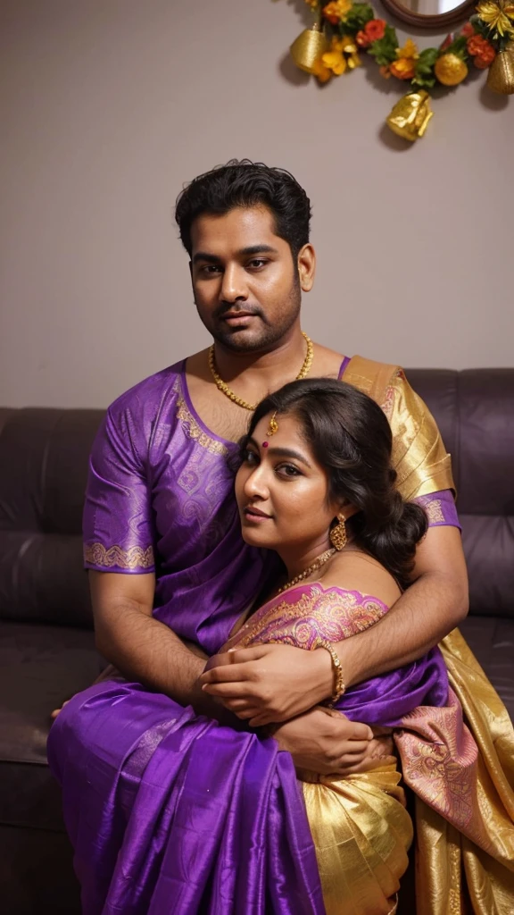 a 50-year-old shirtless man affectionately hugging and kissing aradiant, full-figured South Indian plus-sized 30 year old teacher wearing a violet silky saree in dressing room, captured in a full-body image with vibrant hues and meticulous details. Full body image