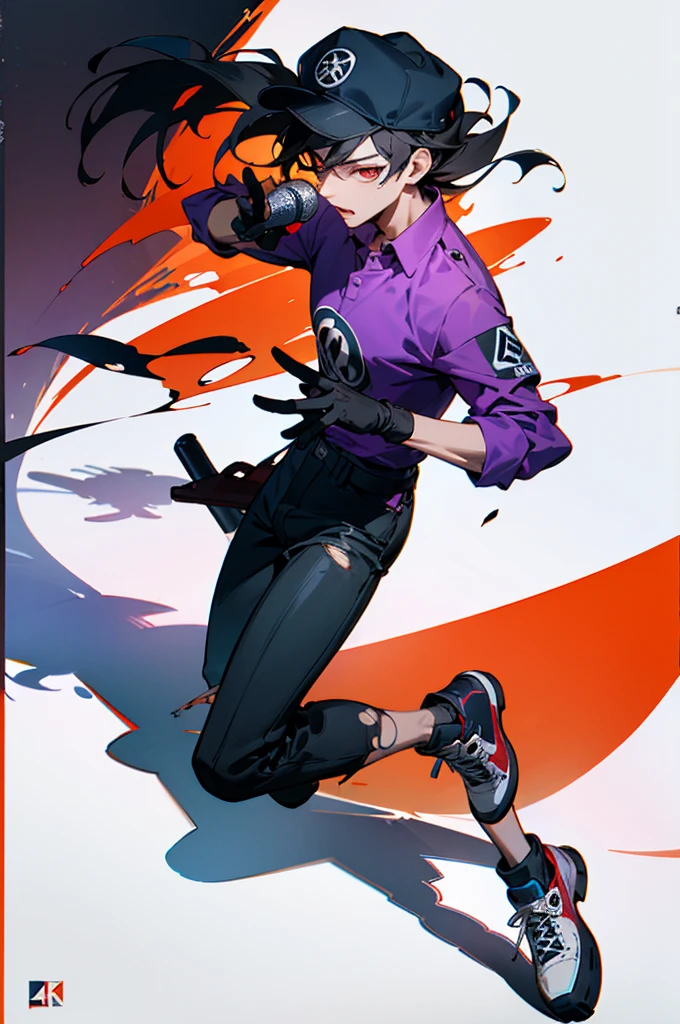 (best qualityer)4k resolution make a black shadow adult man with black hair back with a microphone and with the cap on the left side holding a microphone with the Flamengo shirt with normal pants ripped at the knee with a purple blouse inside and with torn gloves and with sneakers and cartoon-style red eyes