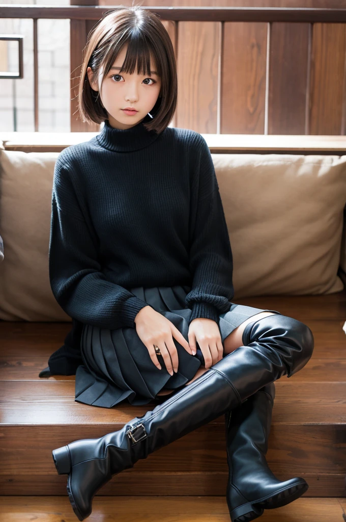 Japanese girl Check Pleated Skirt Tar neck sweater Knee-high boots