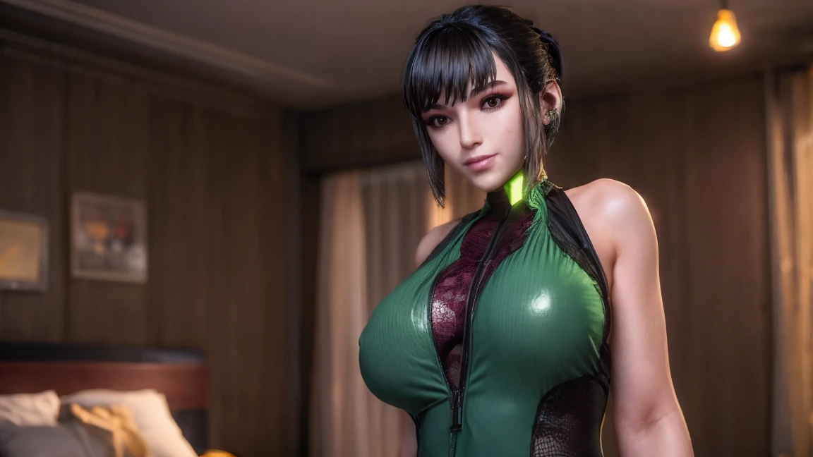 (masterpiece), best quality, expressive eyes, frontal pose, smile closed, perfect face,medium body, Medium breasts, Brown eyes, Eve, Short bob haircut, Stellar blade, Fringe hair, Athletic body, Ponytail hair, unreal engine skin:0.3,blushing cheeks:1.4, tight breast, looking at viewer,, woman posing, cyberpunk bedroom, night, neon glow spothlighs in the walls,