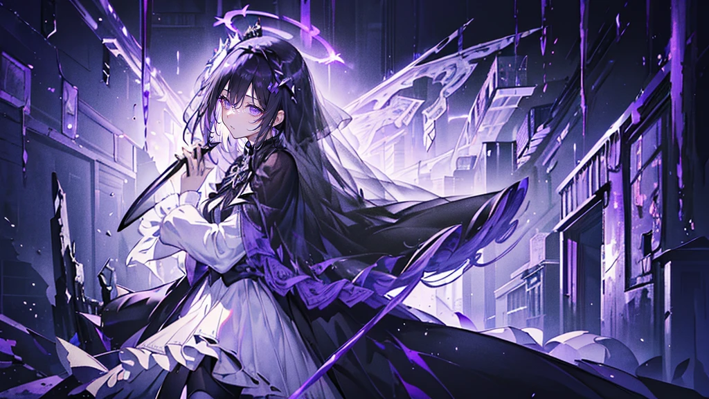 (Super detailed)),((illustration)),((masterpiece)),(((need))),((fine、Highest quality CG Unity 8K wallpapers,masterpiece),((4K,masterpiece,best quality)),Black hair queen,Waist-length hair,Royal sister,Sexy,Tall figure,Lilac eyes,Standing upright in a coffin,Mature,Hair Bunch,Hair tied on both sides,Black and purple French vintage clothing,Gorgeous pure black cape,Black veil,Purple-white halo,Black purple boots,Wearing a crown on the head,Holding a knight's sword,pyramid,Emitting dim purple light,Brilliant palace,The deep sea is filled with coffins,Mysterious symbols,individual,Full body picture